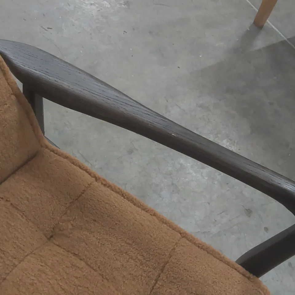 DESIGNER WOOD FRAME ARM CHAIR WITH UPHOLSTERED SEAT