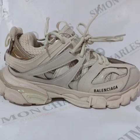 BOXED PAIR OF BALENCIAGA TRAINERS IN SAND COLOUR UK SIZE 2