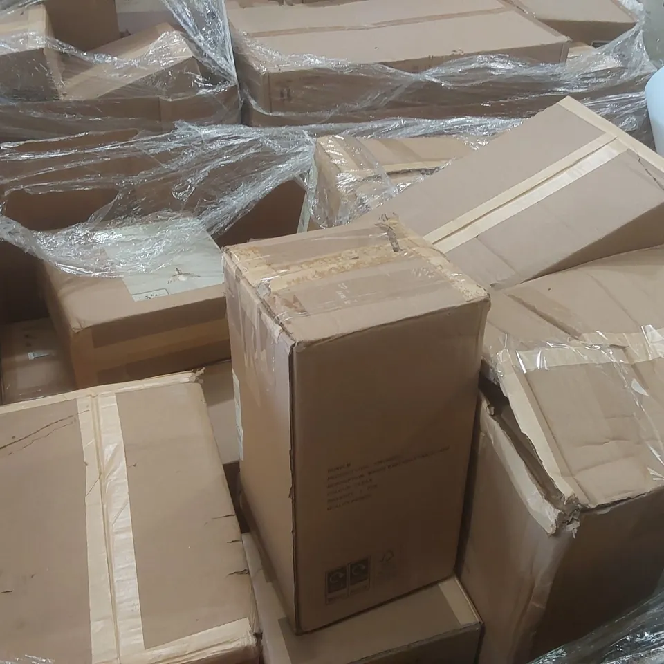 PALLET CONTAINING A VERY LARGE QUANTITY OF ASSORTED DESIGNER LIGHTING PRODUCTS INCLUDING: LUCILLE CEILING LIGHT, PARLA CEILING LIGHT, NESA TABLE LAMP, LACEY GLASS PENDANT ECT