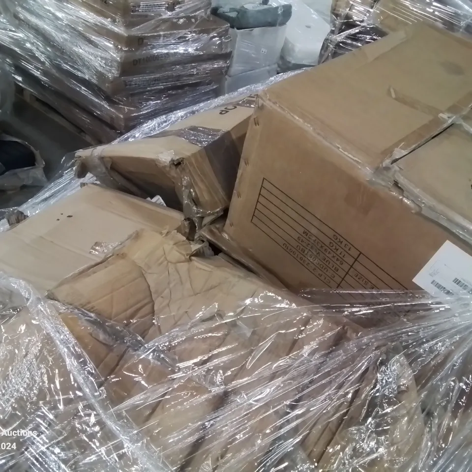 PALLET CONTAINING SEVERAL RAIN DAMAGED OFFICE/SIDE/DINING CHAIRS AND OTHER HOUSEHOLD FURNITURE ETC.