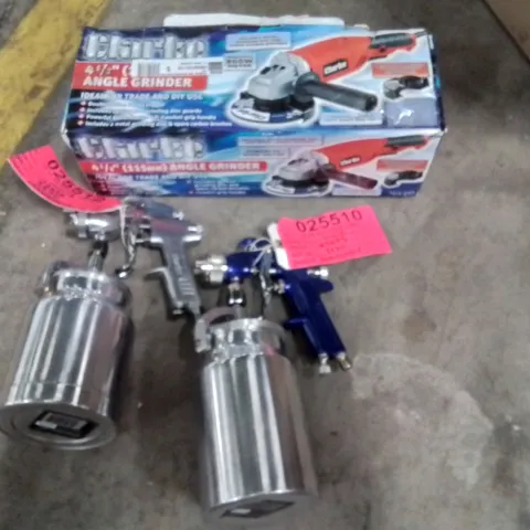 BOX OF ASSORTED ITEMS TO INCLUDE;CLARKE ANGLE GRINDER,CLARKE PRO SPRAY GUN X2