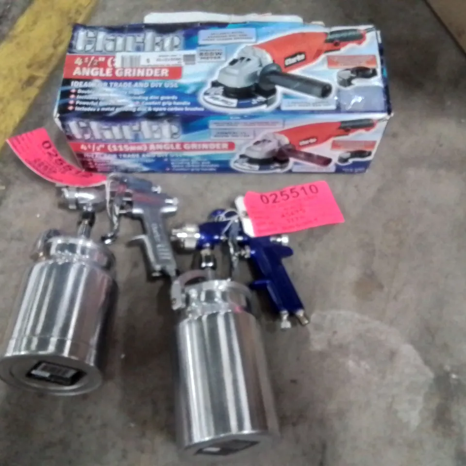 BOX OF ASSORTED ITEMS TO INCLUDE;CLARKE ANGLE GRINDER,CLARKE PRO SPRAY GUN X2