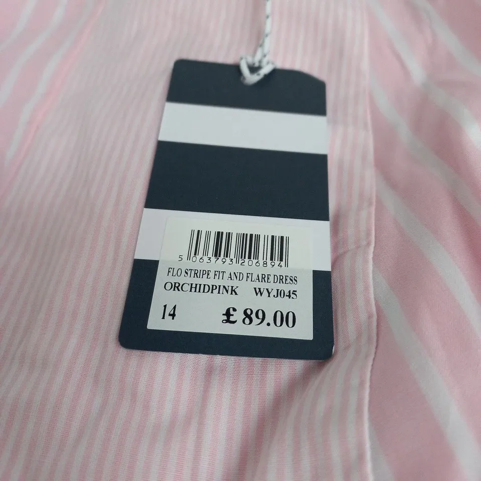 CREW CLOTHING COMPONY FLO STRIPE FIT-AND-FLARE DRESS – ORCHID PINK, UK SIZE 14