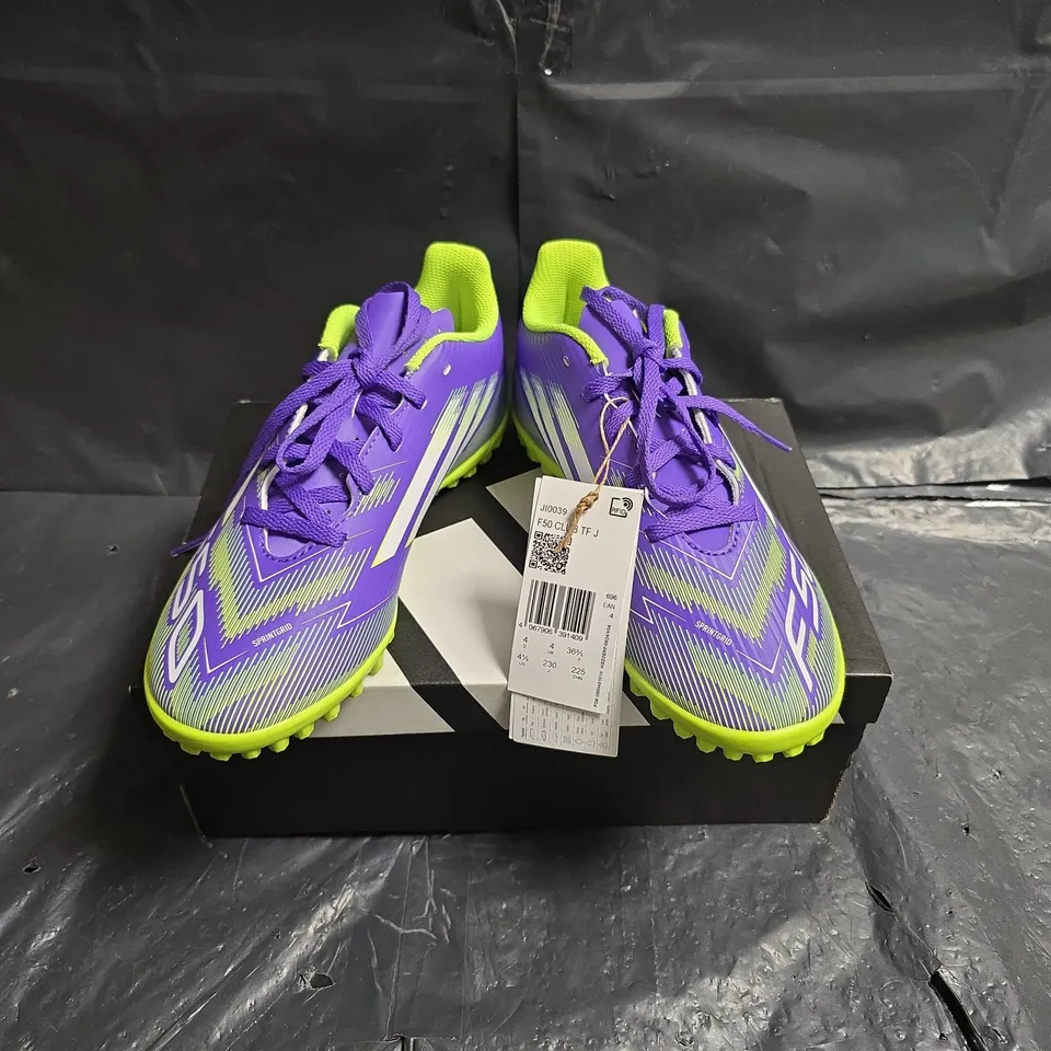 ADIDAS KIDS F50 CLUB TF J FOOTBALL BOOTS - PURPLE & NEON GREEN, UK4