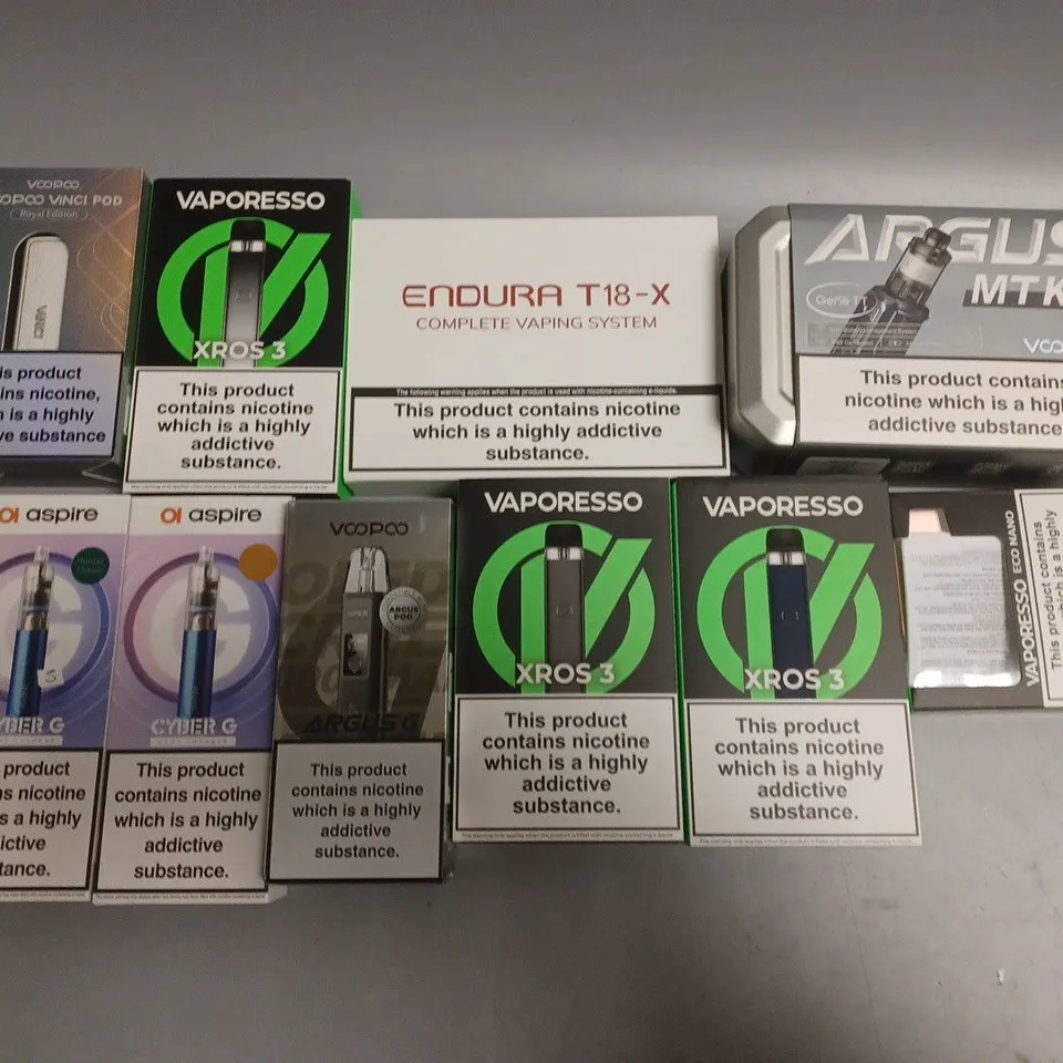 APPROXIMATELY 10 ASSORTED E-CIGARETTE PRODUCTS TO INCLUDE ARGUS MY KIT, VAPORESSO, ASPIRE ETC 