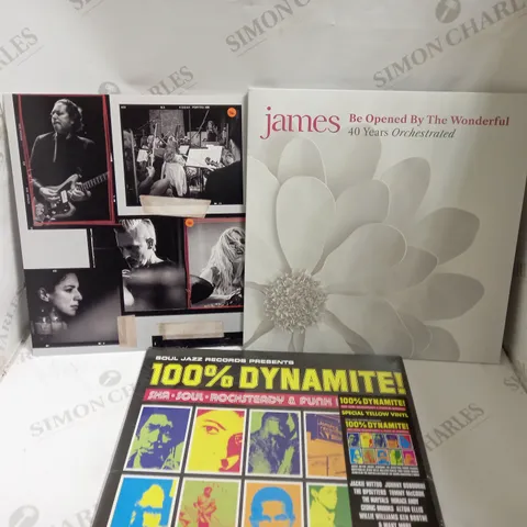 BOX OF APPROX 10 VINYLS INCLUDING JAMES, TAYLOR SWIFT AND 100% DYNAMITE 