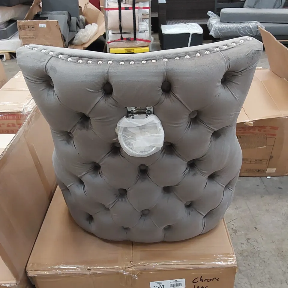 BOXED ELIZABETH DINING CHAIR IN GREY VELVET WITH ROUND CHROME KNOCKER WITH OAK LEGS - SET OF 2