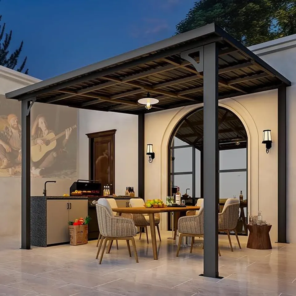 BOXED 10' X 10' HARDTOP GAZEBO OUTDOOR PERGOLA, HEAVY DUTY LEAN TO METAL PERGOLAS AND GAZEBOS CLEARANCE - BLACK (2 BOXES)