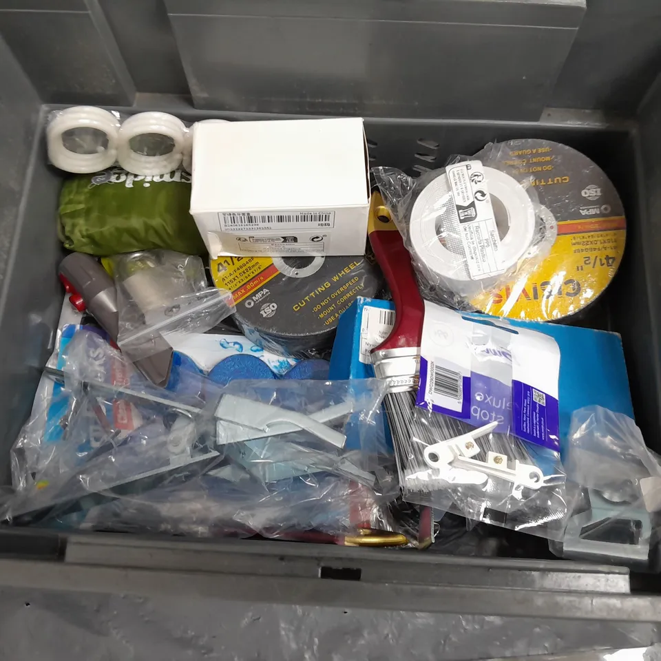 TOTE OF APPROXIMATELY 15 ASSORTED HOUSEHOLD ITEMS TOO INCLUDE GTECH MULTI ATF FILTER, CISIVIS CUTTINGWHEEL, AND BABY LAUGHS SOCKET COVERS ETC. 
