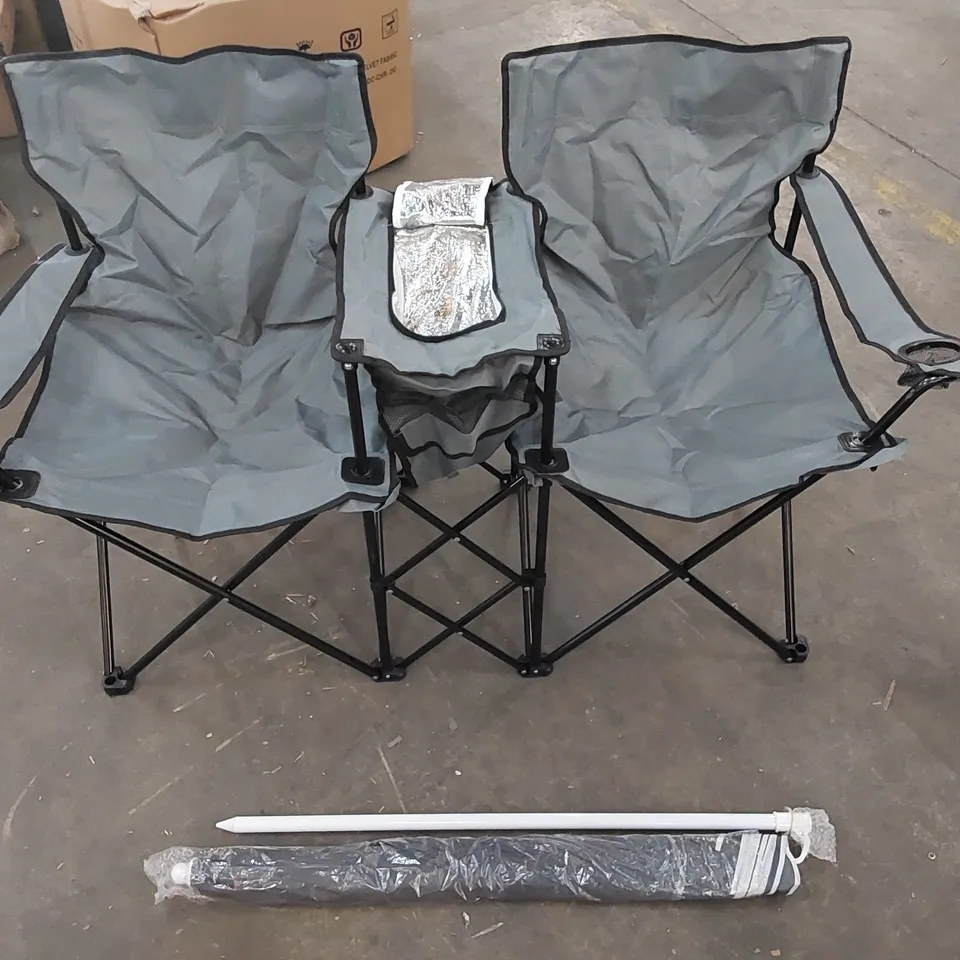 BAGGED 2 PERSON PORTABLE CAMPING CHAIR WITH COOL STORAGE COMPARTMENT, CUP HOLDERS AND PARASOL