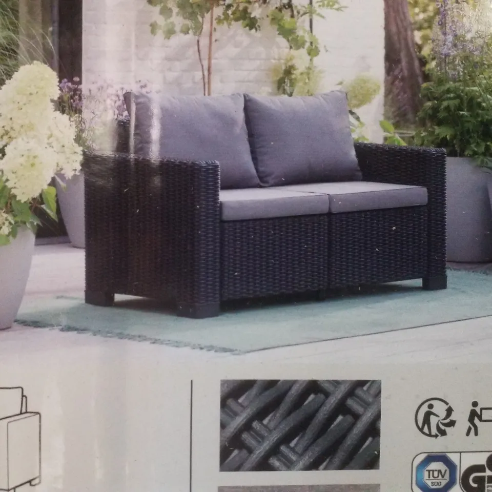 BOXED KETER CALIFORNA 2 SEATER RATTAN SOFA BLACK/GREY CUSHIONS