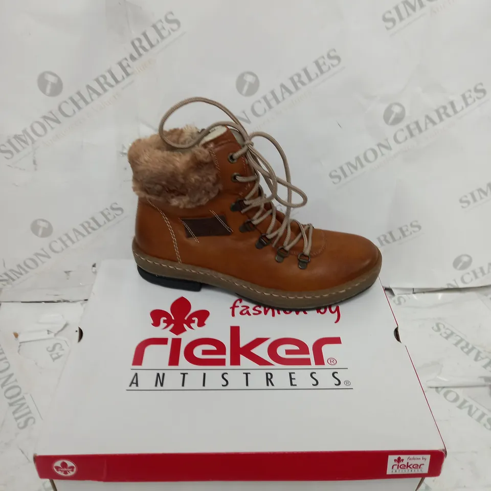 BOXED PAIR OF RIEKER LACE UP ANKLE BOOTS - TAN - UK SIZE 5