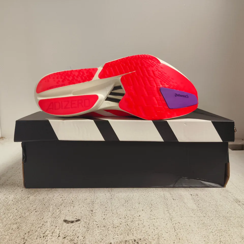 BOXED PAIR OF ADIDAS ADIZERO ADIOS PRO 4 TRAINERS IN WHITE/RED/PURPLE SIZE UK 12