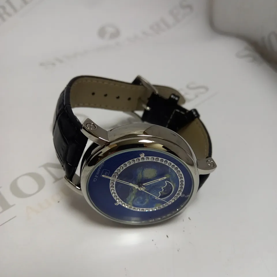 MENS ZIHLMANN & CO AUTOMATIC WATCH – Z150 – MOONPHASE DIAL – GLASS EXHIBITION BACKCASE - SILVER COLOUR CASE – BLACK LEATHER STRAP