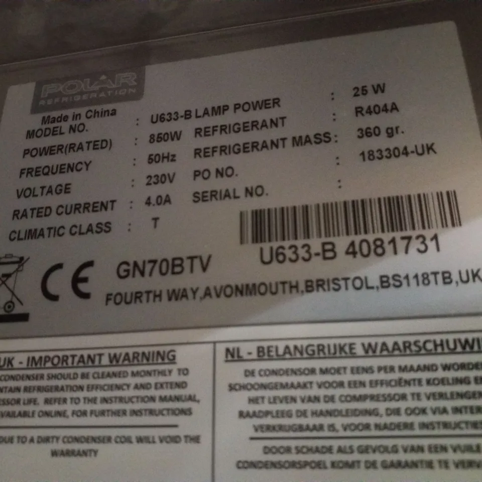 POLAR U633 UPRIGHT FRIDGE