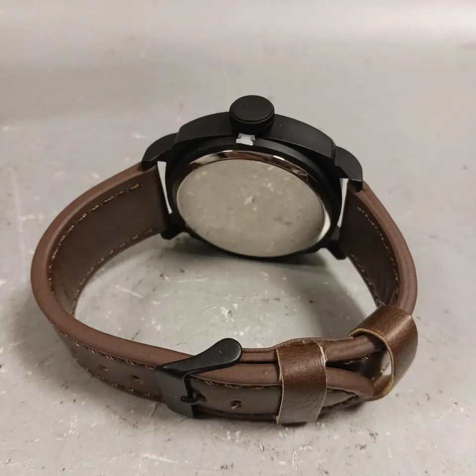 MENS FRANK SCHMIDT WATCH – LARGE BLACK CASE – BLACK PILOT DIAL – BROWN LEATHER STRAP
