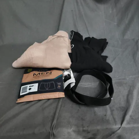 BOX OF APPROXIMATELY 15 ASSORTED CLOTHING ITEMS TO INCLUDE TENA MEN BOXERS, KNITTED JUMPER, BELT, BLACK TOP WITH HEART LOGO ETC