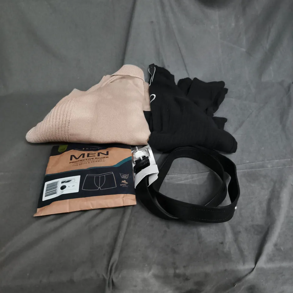 BOX OF APPROXIMATELY 15 ASSORTED CLOTHING ITEMS TO INCLUDE TENA MEN BOXERS, KNITTED JUMPER, BELT, BLACK TOP WITH HEART LOGO ETC