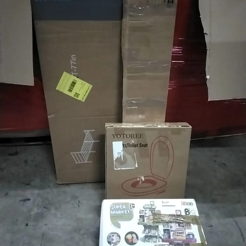 PALLET OF HOUSEHOLD ITEMS TO INCLUDE SUPERMARKET SHOP EXPERIENCE, TOILET SEAT, CONSOLE TABLE,BED FRAME WITH HEADBOARD AND OTHER ASSORTED ITEMS...