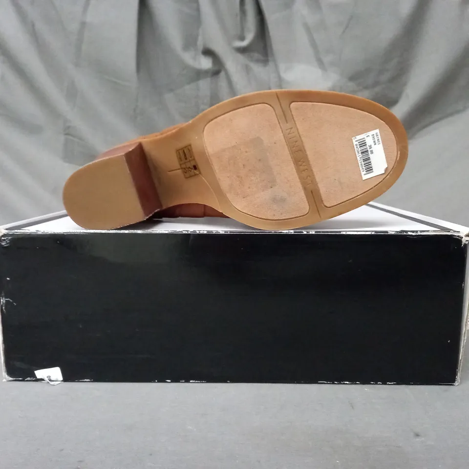 BOXED PAIR OF NINE WEST HAYNES BLOCK HEEL ANKLE BOOTS IN BROWN - ODD SIZES