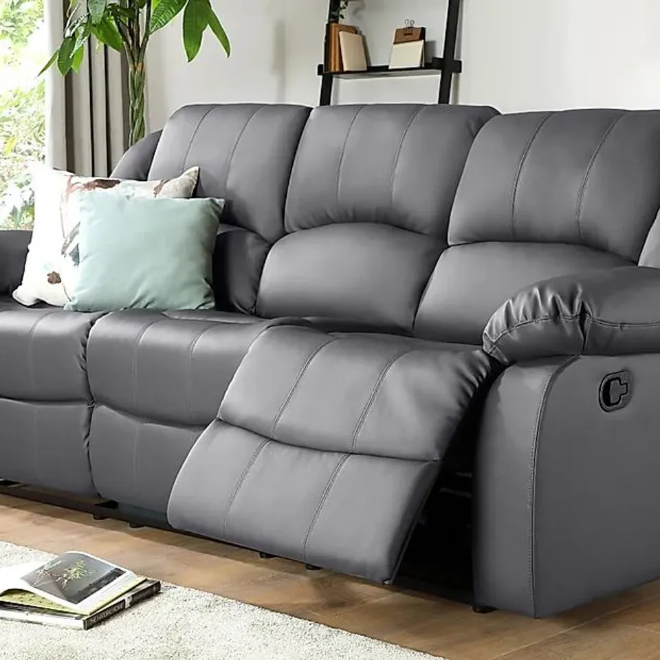 BOXED DESIGNER DAKOTA GREY LEATHER MANUAL RECLINING 3 SEATER SOFA
