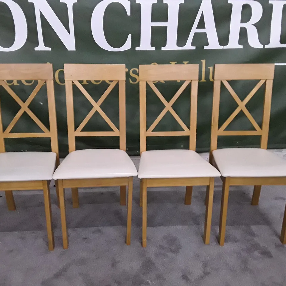 SET OF 4 KENDAL OAK DINING CHAIRS (CREAM LEATHER SEAT PADS)