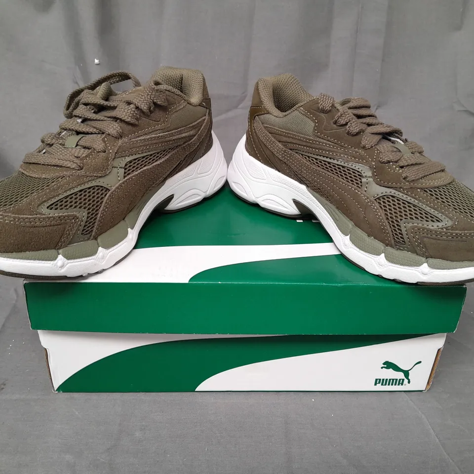 BOXED PAIR OF PUMA TEVERIS NITRO SHOES IN BURNT OLIVE UK SIZE 4