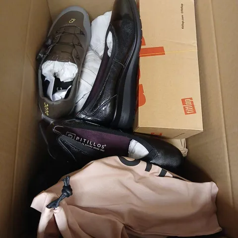 BOX OF APPROX 5 ASSORTED SHOES IN VARIOUS COLOURS, STYLE AND SIZES