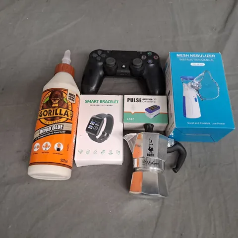 BOX OF APPROXIMATELY 15 ASSORTED ITEMS TO INCLUDE - GORILLA WOOD GLUE , PLAYSTATION 4 CONTROLLER , SMART BRACELET ETC