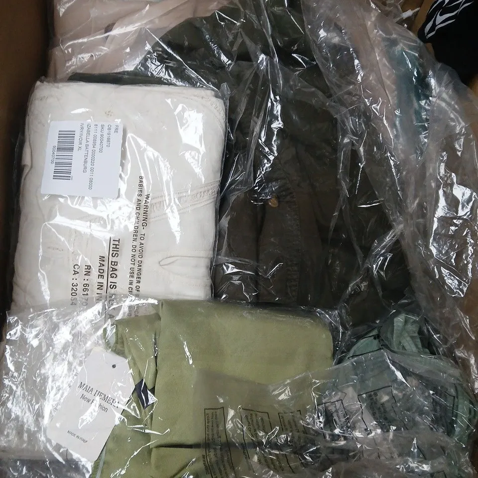 LARGE BOX OF APPROXIMATELY 20 ASSORTED CLOTHING ITEMS IN VARIOUS SIZES, STYLES AND COLOUR 
