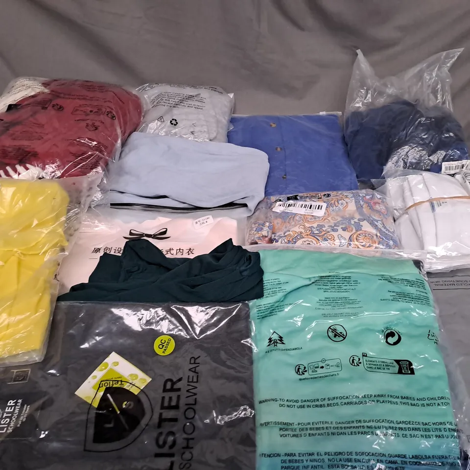 BOX OF ASSORTED CLOTHING ITEMS IN VARIOUS COLOURS, SIZES AND STYLES