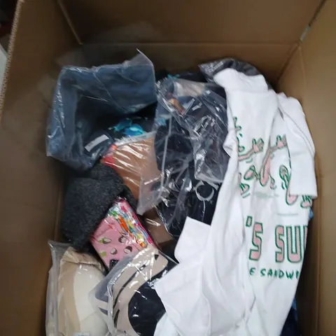 LARGE BOX OF ASSORTED CLOTHING ITEMS IN VARIOUS SIZES, STYLES AND COLOUR 