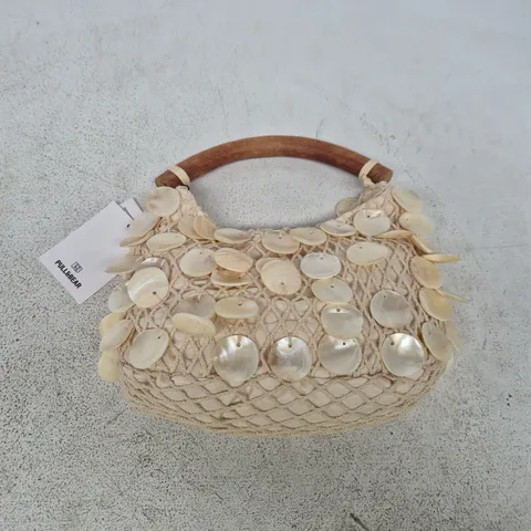 Pull&Bear Beige Shell-Embellished Rope Handbag with Wooden Handle
