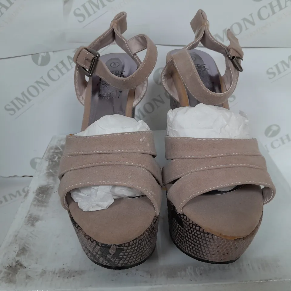 BOXED PAIR OF KRUSH OPEN TOE STRAP PLATFORM SHOES IN MINK - SIZE 5