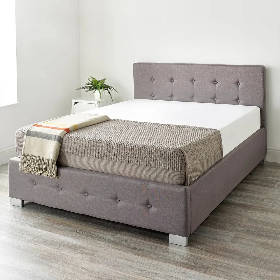 BOXED CADDO FABRIC UPHOLSTERED SUPER KING OTTOMAN BED FRAME (2 BOXES)