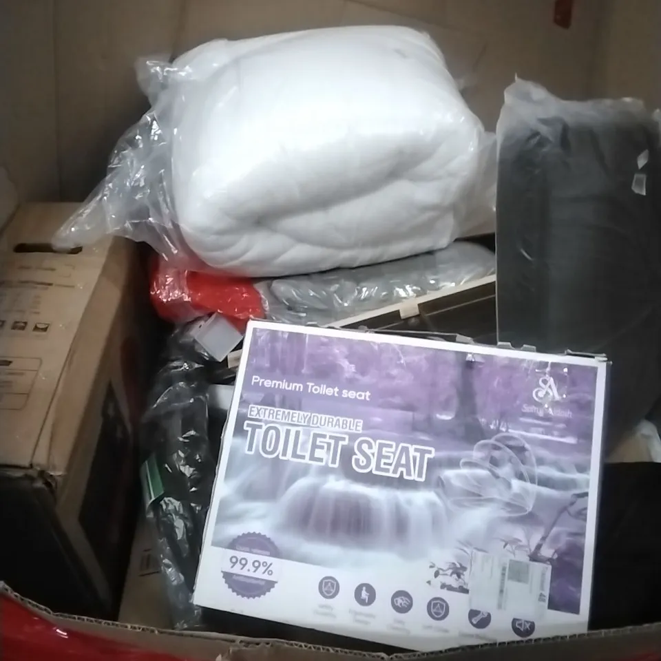PALLET OF ASSORTED HOUSEHOLD GOODS AND PRODUCTS TO INCLUDE; KIDS BIKE, TOILET SEAT, BOXED FURNITURE ETC