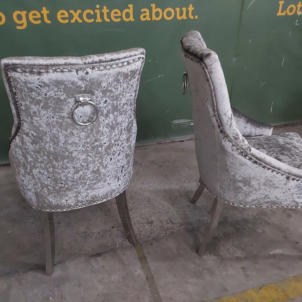 PAIR OF UPHOLSTERED BUTTONED RING BACK DINING CHAIRS CRUSHED SILVER VELVET 