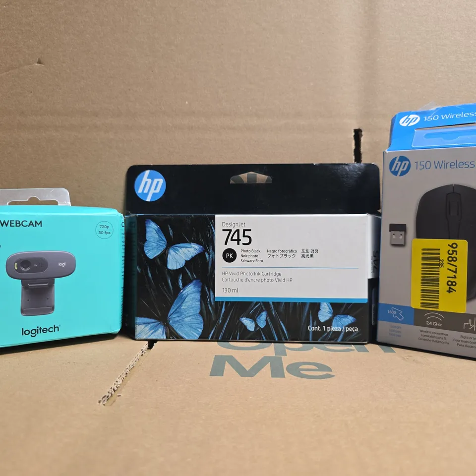BOX OF APPROXIMATELY 30 ASSORTED ITEMS TO INCLUDE LOGITECH C270 HD WEBCAM, HP 150 WIRELESS MOUSE, HP DESIGNJET 745 VIVID PHOTO INK CARTRIDGE, ETC