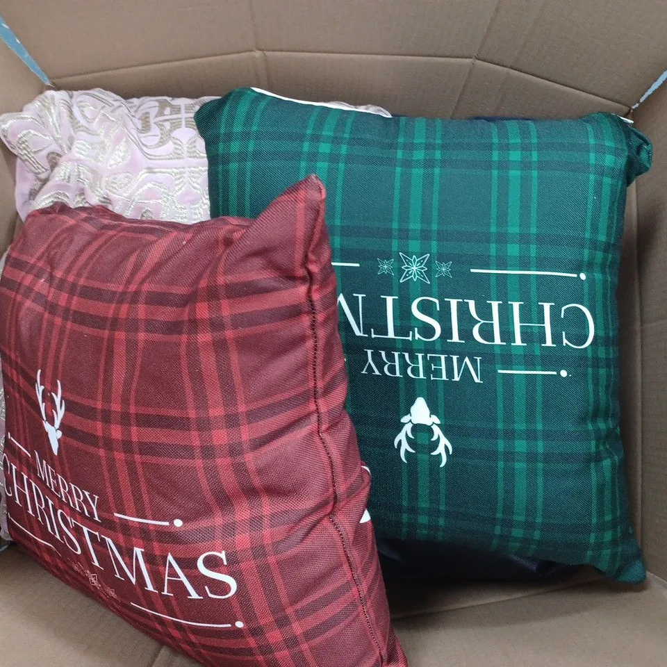 BOX OF APPROX. 6 ASSORTED PILLOWS TO INCLUDE - MERRY CHRISTMAS PILLOW -RESERVED FOR NANNY PILLOW - BIBA LOGO CUSHION AO BLUSH ECT