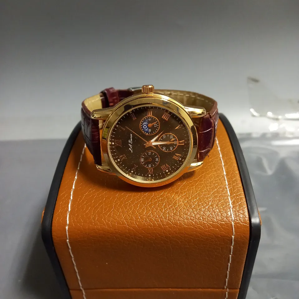 LA BANUS MENS WATCH IN GOLD WITH BURGUNDY TEXTURED LEATHER STRAP 