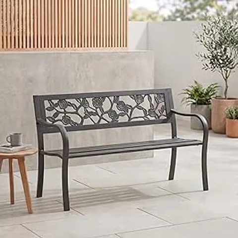 BOXED GARDEN VIDA STEEL GARDEN BENCH, ROSE DESIGN 3 SEATER OUTDOOR FURNITURE SEATING PARK PATIO SEAT , BLACK
