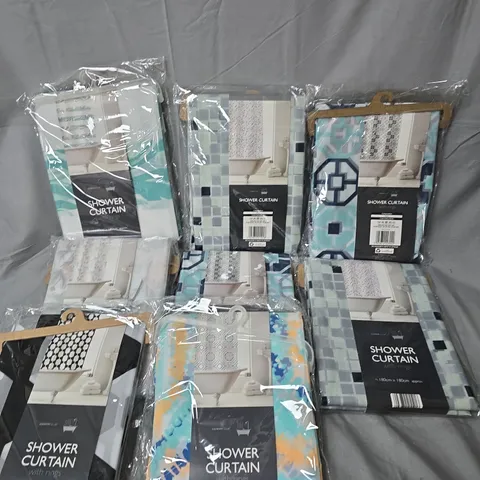 LOT OF APPROXIMATELY 8 SHOWER CURTAINS WITH RINGS - VARIOUS COLOURS AND PATTERNS
