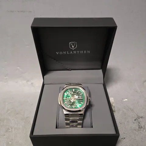 BOXED VONLANTHEN GREEN DIAL SQAURE FACE WATCH