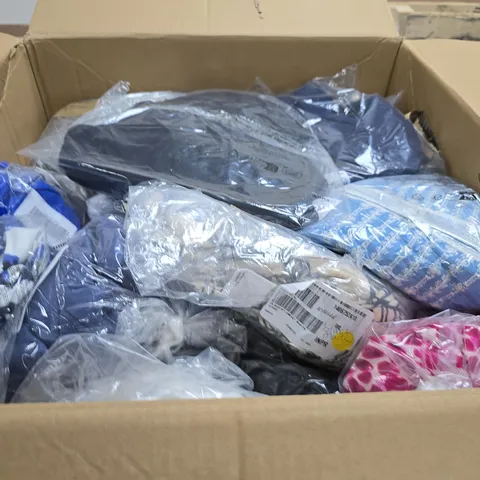 LARGE BOX OF APPROX 15 ASSORTED CLOTHING ITEMS IN VARIOUS STYLES , COLORS AND SIZES