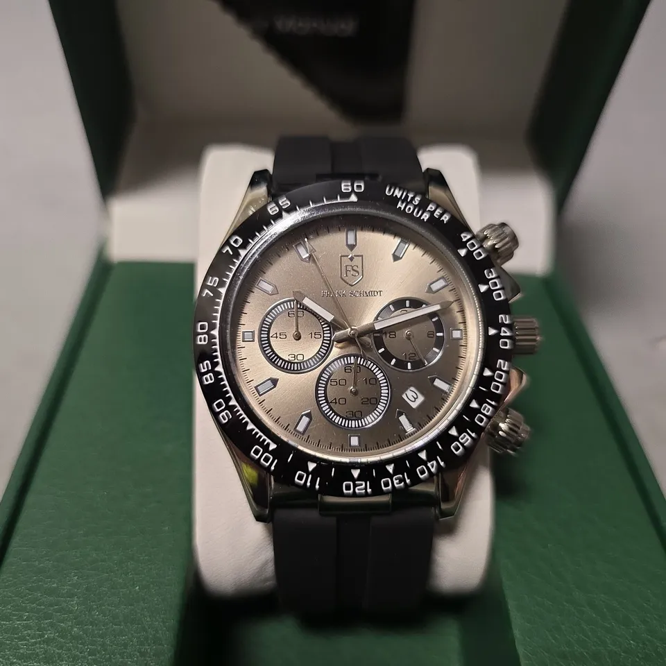 FRANK SCHMIDT WATCH – MULTI FUNCTION SUB DIALS WITH DATE – HQ RUBBER SPORTS STRAP – 3ATM WATER RESISTANT – GIFT BOX INCLUDED