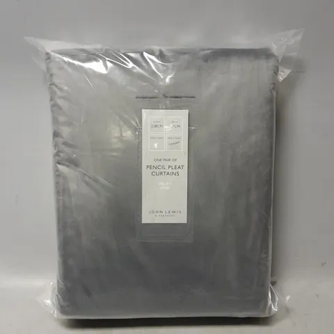 SEALED JOHN LEWIS ONE PAIR OF PENCIL PLEAT CURTAINS VELVET STEEL - W 228CM X D 137CM 