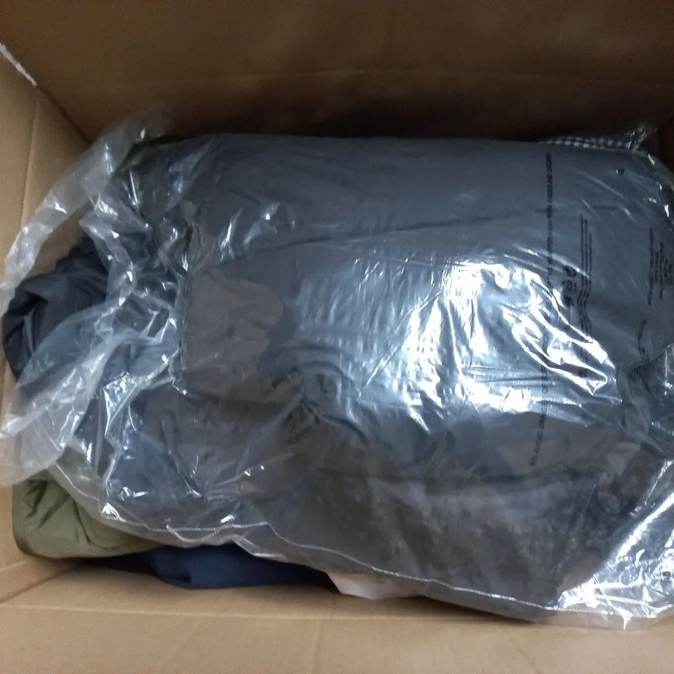 LARGE BOX OF APPROXIMATELY 20 ASSORTED CLOTHING ITEMS IN VARIOUS SIZES, STYLES AND COLOURS