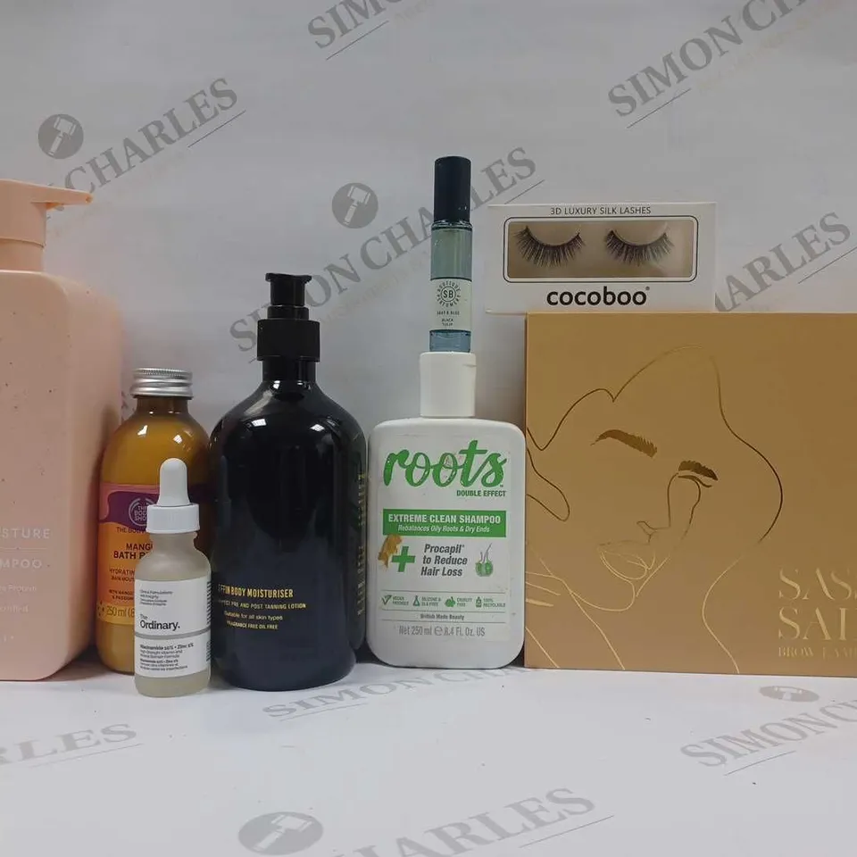 BOX OF APPROX 20 ASSORTED ITEMS TO INCLUDE - SASSY SAINTS BROW LAMINATION - COCOBOO EYELASHES - EFFIN BODY MOISTURISER ECT 