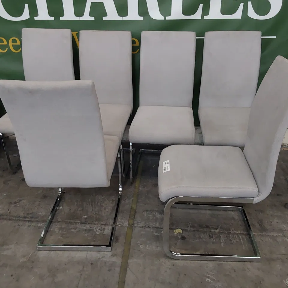 SET OF SIX UPHOLSTERED DINING CHAIRS GREY PLUSH FABRIC ON CHROME FRAME