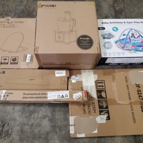 PALLET OF ASSORTED PRODUCTS INCLUDING TOILET SEAT, GYM PLAY MAT, MDF FRAME BLACK BOARD, HAND SAW, FOOD PROCESSOR, ROLLER SHADE